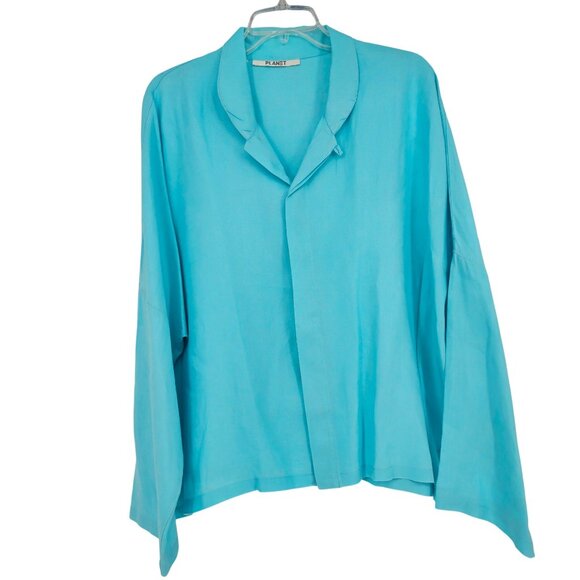 PLANET by Lauren G Tops - Planet By Lauren G Linen Button Up‎ Shirt OS Turquoise Relaxed Coastal Lagenlook